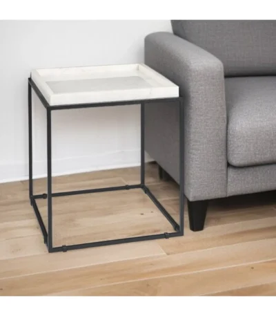 White and black marble end table with metal frame - modern 20 inch square accent table for living room