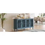 60-inch solid wood antique buffet cabinet with floral carvings and antique brass handles in Antique Blue finish