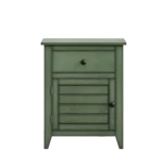 Antique green nightstand with drawer and cabinet in a cozy bedroom setting