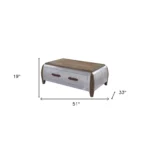 51-inch coffee table with drawer in brown solid wood and gray aluminum base