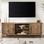 Goldoma rustic oak TV stand with double barn doors for TVs up to 80 inches in a living room
