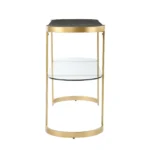 Goldoma 49 inch gray and gold oval console table with solid wood top and storage shelf in a living room