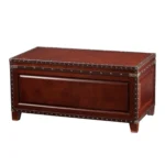 Brown solid wood coffee table with hidden storage in living room setting
