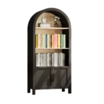 Goldoma tall bookcase with cabinet - mid-century modern 3-tier arched bookcase in solid wood and MDF