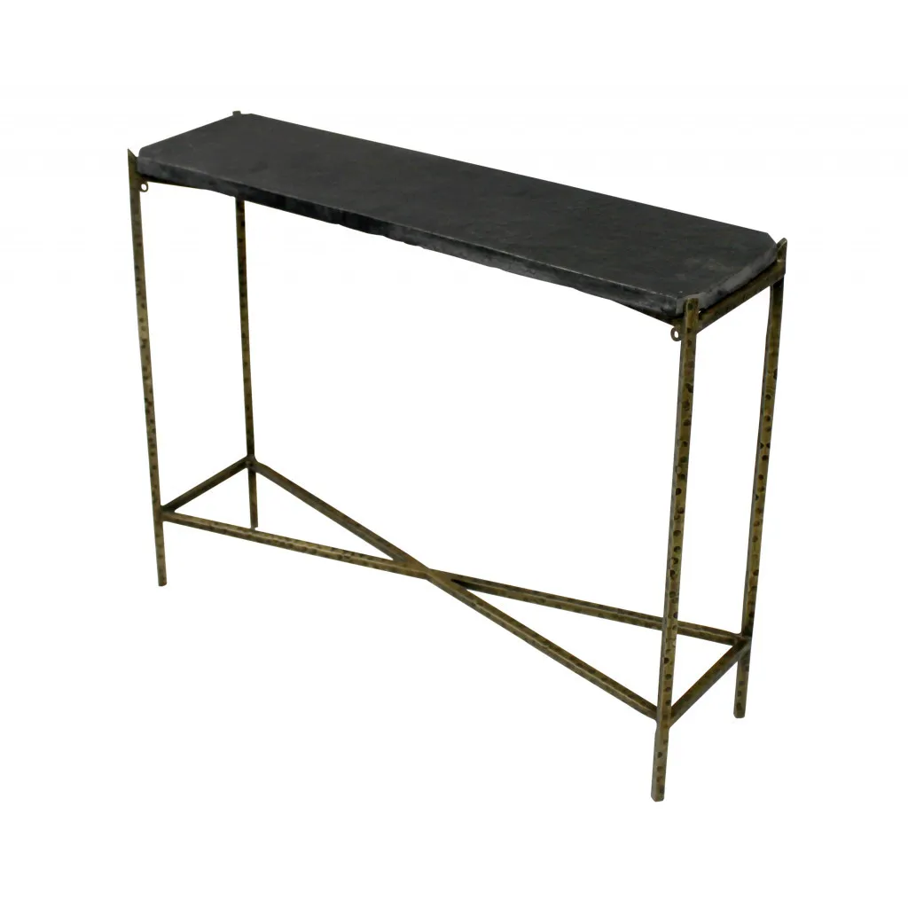 H65fe47a814c746d6a545ee0bdda501ddV.webp Goldoma 32-inch black and gold console table with stone top and iron frame in a living room entryway