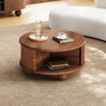Goldoma oval fluted coffee table with storage in rubber solid wood, featuring a lower shelf and open storage doors, perfect for modern living rooms