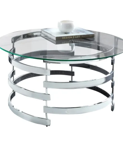 Goldoma round coffee table with chrome base and tempered glass top in modern living room