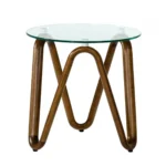 Goldoma 20-inch walnut round end table with clear glass ribbon base in living room