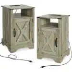 Goldoma Farmhouse Nightstand with Charging Station - Wooden Rustic End Table – in a cozy room setting