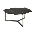 Goldoma 40 inch free form coffee table with distressed black stone top and gold iron base in a living room