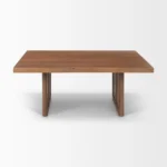 Double pedestal coffee table with brown solid wood top and natural wicker rattan base, square shape 42 inches, modern tropical design for living room