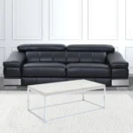 Modern coffee table 48 inch rectangular with white oak wood top and chrome metal base in living room