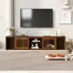 Goldoma Mid-Century Walnut TV Stand with Cat House and Extendable Table – close-up detail