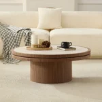 Goldoma 35.43 inch modern square coffee table with solid wood top and pedestal base in living room