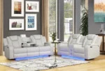 Goldoma power reclining corner sofa set with LED lights in black faux leather