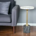 HMS 22" Round Pedestal End Table Gold Gray and White Marble with Iron for Living Room Furniture