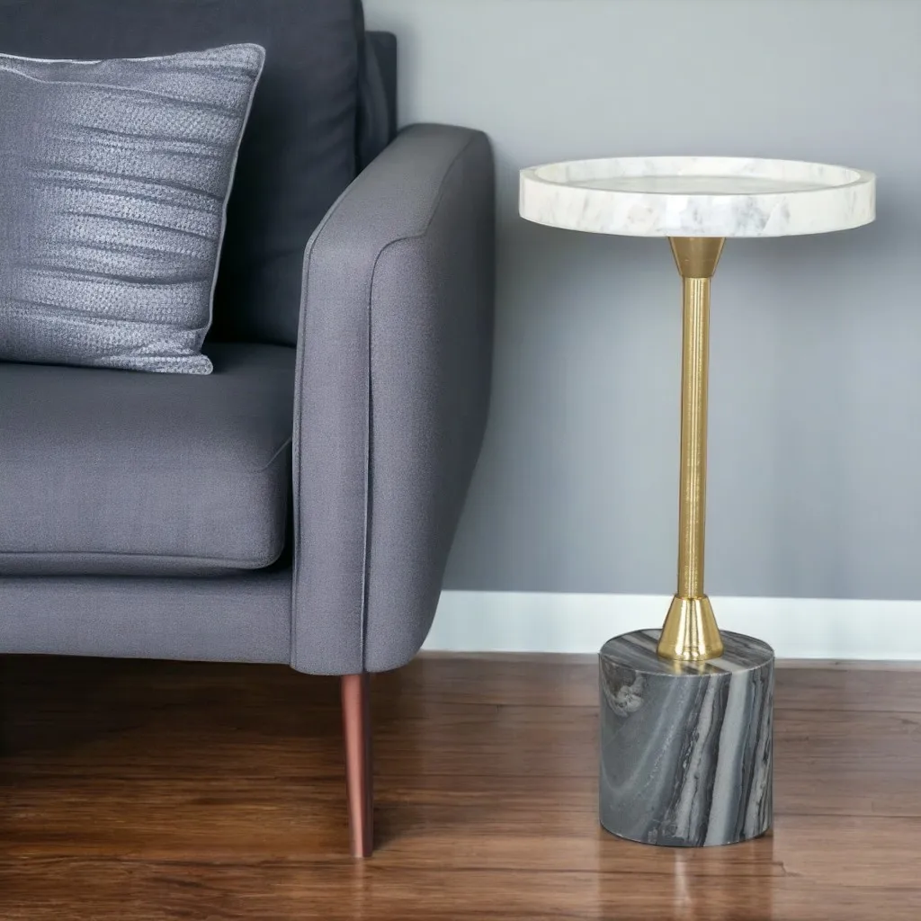 Goldoma 22" Round Pedestal End Table - Gold, Gray and White Marble with Iron Base