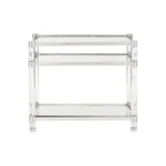 Goldoma 3-tier acrylic coffee table with tempered glass top and stainless steel frame in a modern living room setting