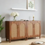 Goldoma rattan sideboard buffet with solid wood legs in walnut finish, featuring two cabinet doors with woven rattan panels