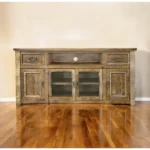 Goldoma 70-inch solid wood distressed TV stand in brown with enclosed storage and cord management in a living room