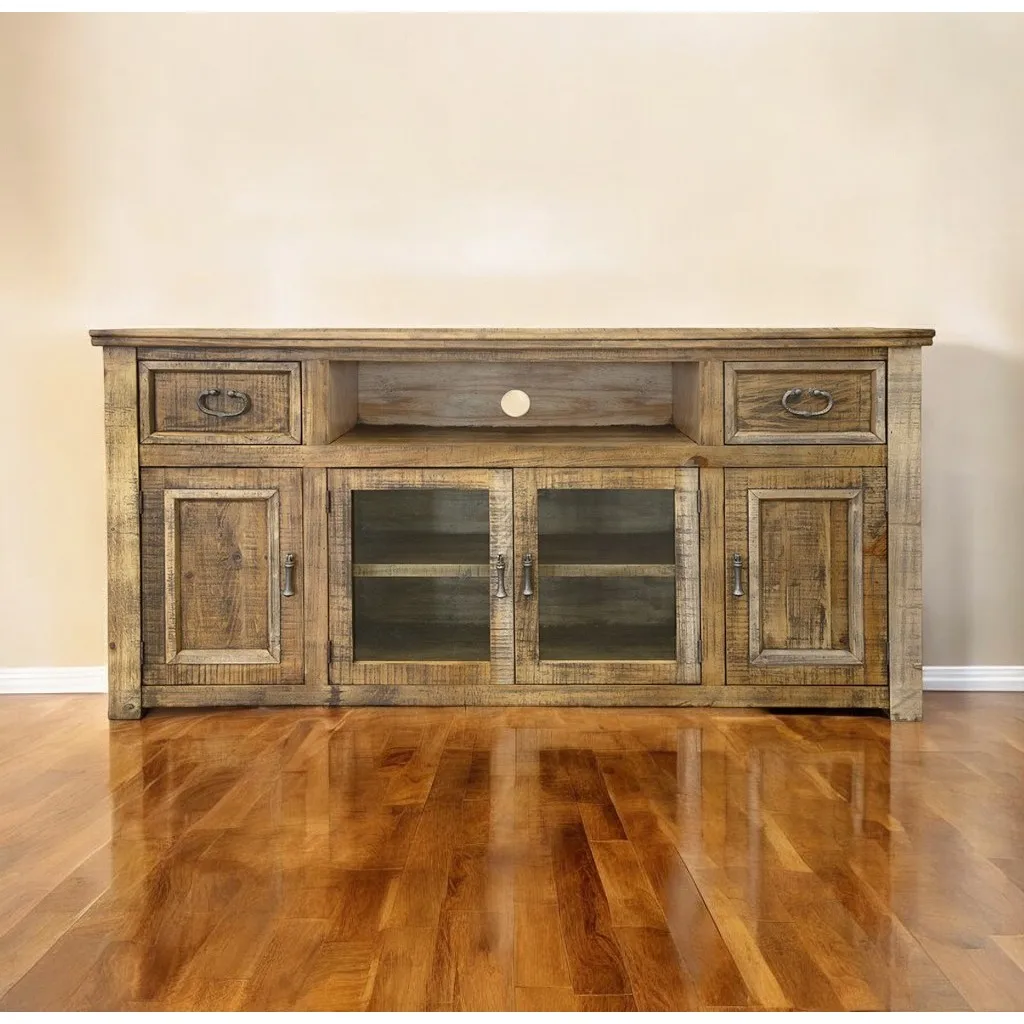 H681301b4d0154e52aa664019856fbe62O.webp Goldoma 70-inch solid wood distressed TV stand in brown with enclosed storage and cord management in a living room