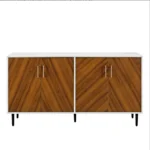 Goldoma mid-century console table with faux-bookmatch doors in white and teak, featuring two cabinets and metal legs, placed in a living room setting