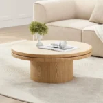 Goldoma 35.43 inch modern square coffee table with solid wood top and pedestal base in living room