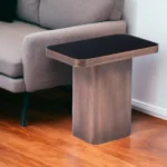 Goldoma 18-inch black and bronze pedestal end table with glass top and steel frame, perfect for living room or bedroom
