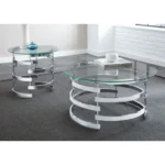 Goldoma round coffee table with chrome base and tempered glass top in modern living room