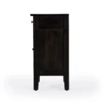 Natural brown solid wood end table with door and drawer for rustic living room storage