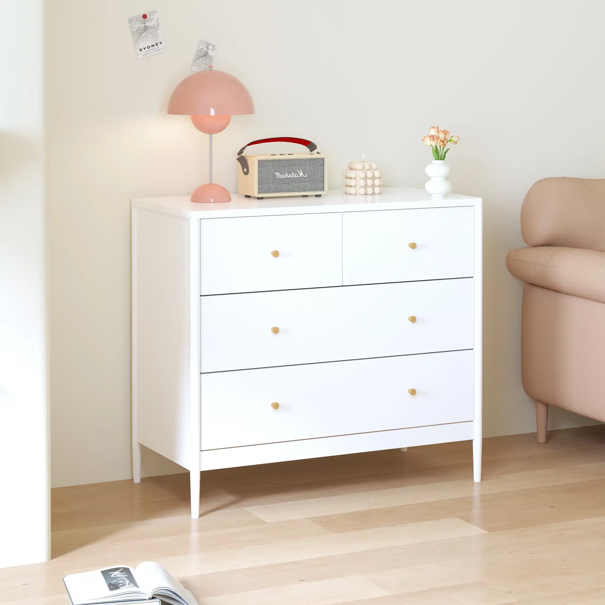 Goldoma White 4-Drawer Kids Dresser with Lighted Mirror - Solid Wood Storage for Nursery & Bedroom