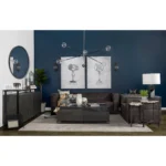 Goldoma 24 inch farmhouse marble end table with white marble top and black abstract iron base in living room setting