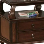 Goldoma 26 inch solid wood square end table with two drawers and shelf in brown finish