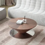 Goldoma modern oval coffee table with marbling wood top and stainless steel base in living room