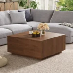 Goldoma Nordic square wooden coffee table with 4 drawers in a modern living room setting