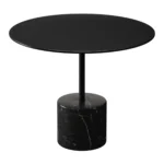 Goldoma 17-inch round farmhouse coffee table with glass top and black metal frame in a modern living room