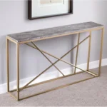 52-inch faux marble console table in gray and gold with storage shelf in living room