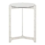 White marble round end table with silver aluminum cross legs in living room setting - Goldoma 25 inch marble side table
