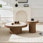 Goldoma 35.43 inch modern square coffee table with solid wood top and pedestal base in living room