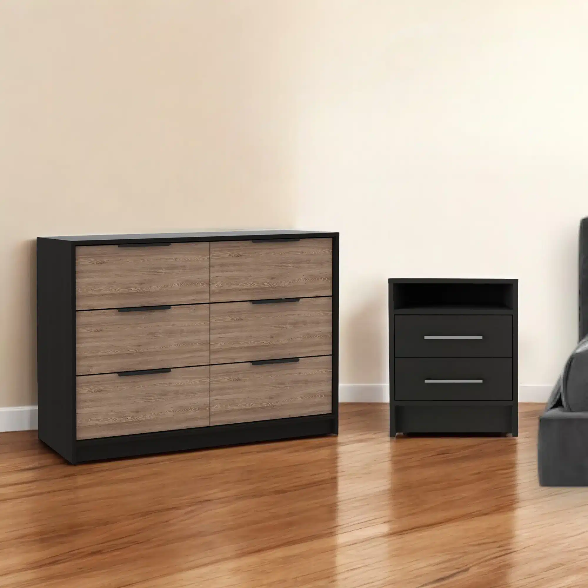 Goldoma 2-Piece King Size Farmhouse Bedroom Set in Black and Gray with Storage