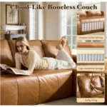 Goldoma brown faux leather cloud sectional sofa with tufted back and deep seat chaise in a modern living room