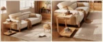 Goldoma C-shaped end table with lockable wheels in natural wood finish, placed under a sofa as a rolling side table
