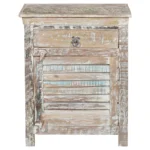 White distressed solid wood nightstand with drawer in bedroom setting