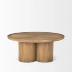 Goldoma 39-inch natural solid wood round pedestal coffee table with mango oak and scalloped base in living room