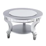 Silver mirrored round coffee table with metal frame in living room - Goldoma 29 inch round mirrored coffee table