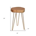 26 inch round end table with natural solid wood top, gold iron base, and convertible glass top by Goldoma