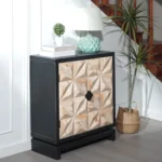 Goldoma 3D geometric carved double-door cabinet in black and natural wood finish, a modern storage sideboard for living room