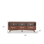 Goldoma 64 inch open shelving TV stand in brown mahogany solid wood with wire management and storage shelves