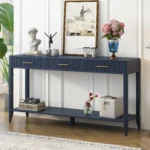Black farmhouse console table 60 inch with 3 drawers and storage shelf in living room entryway