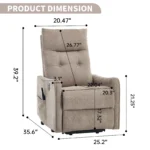 Goldoma khaki chenille power lift recliner with massage and heat, showing the chair in upright position with soft fabric and side USB port